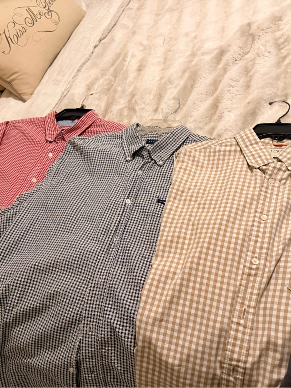 Men’s short sleeve Gingham Button-Down Shirt Trio in Red, Navy, and Beige